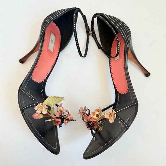 Prada Vintage Leather Black Pink Flower Boquet ankle strap high heel sandals 40 - Picture 3 of 9